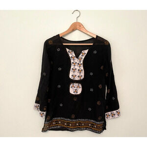 Vintage Womens Top Large Black Floral Hand Painted Rayon Semi Sheer Peasant Boho